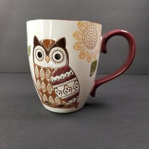 Embossed Owl and Sunflower Ceramic Coffee Mug Burgundy Handle Nature Boho